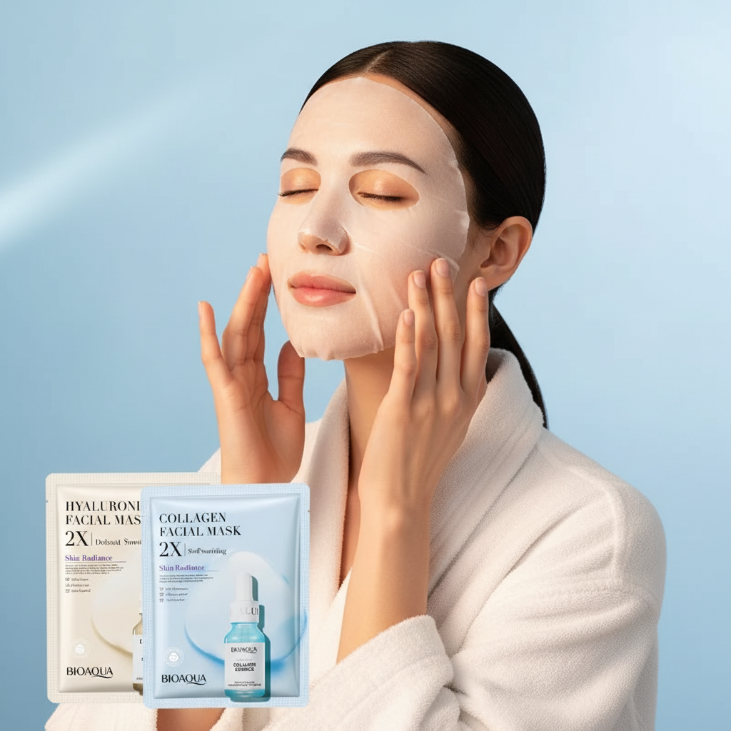 Máscara Facial de Colagénio Hidratante Refirmante Máscara em Tecido com Ácido Hialurónico Máscaras Faciais de Gel para Cuidados de Beleza da Pele